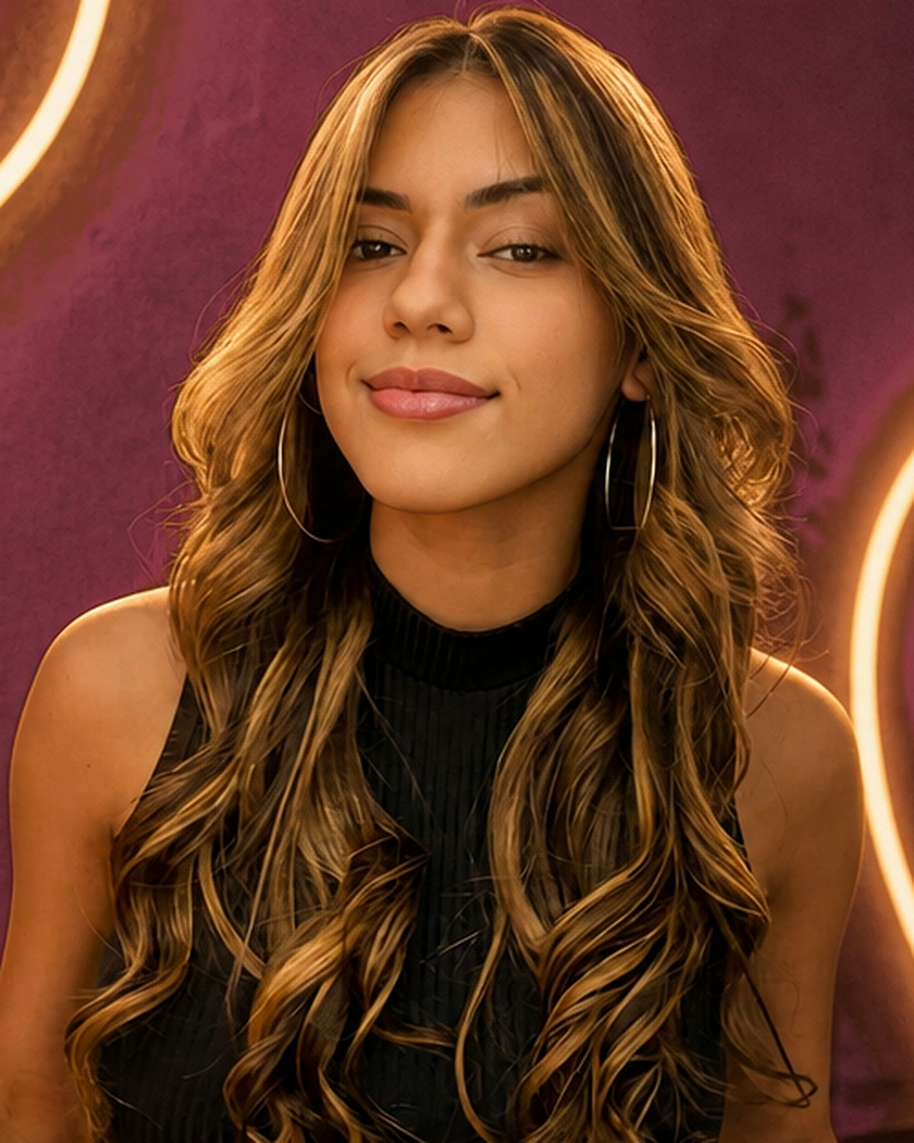 Cabelo ondulado com mechas mel sobre os ombros