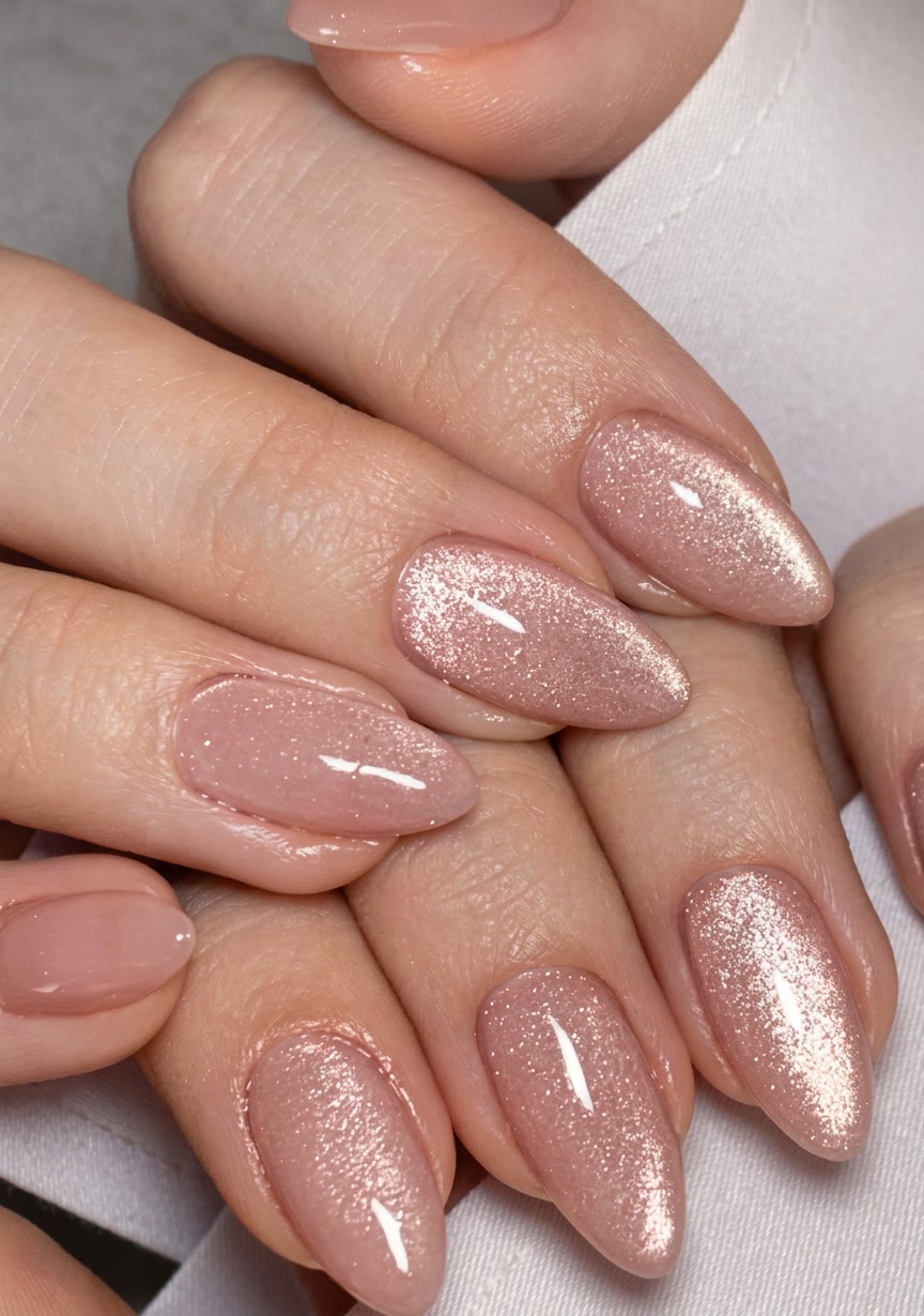 Unhas amendoadas em gel nude com brilho dourado